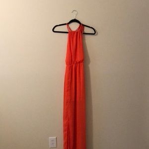 Orange mini dress w/ see-through maxi overlay